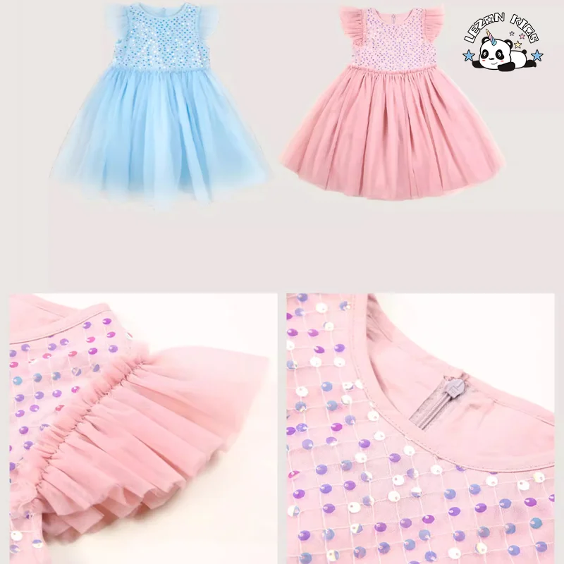 LEZONKIDS - Factory Hot Sale Girls Summer Sequin Dress Mesh Ruff Sleeve Dress Girls Princess Dress
